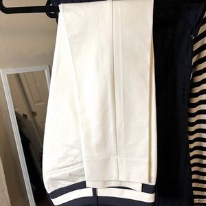 The Limited White pant suit with blue belt stripe